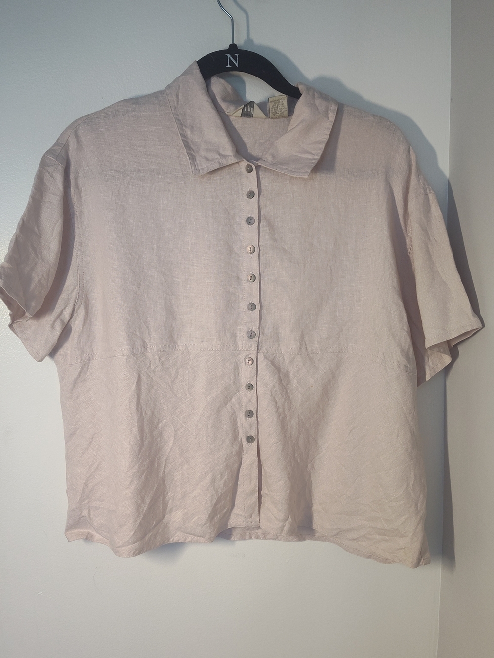 J. Jill Light Blush Short Sleeve Button-Front Blouse 100% Lienen #344